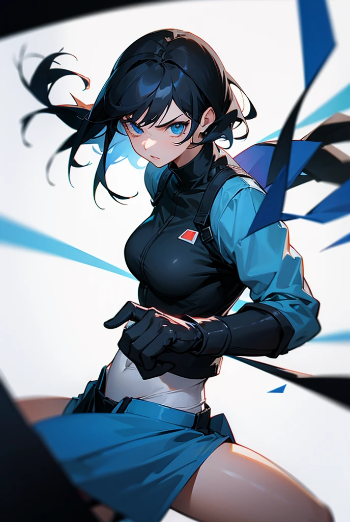 Girl with black hair and blue eyes in a fighting stance