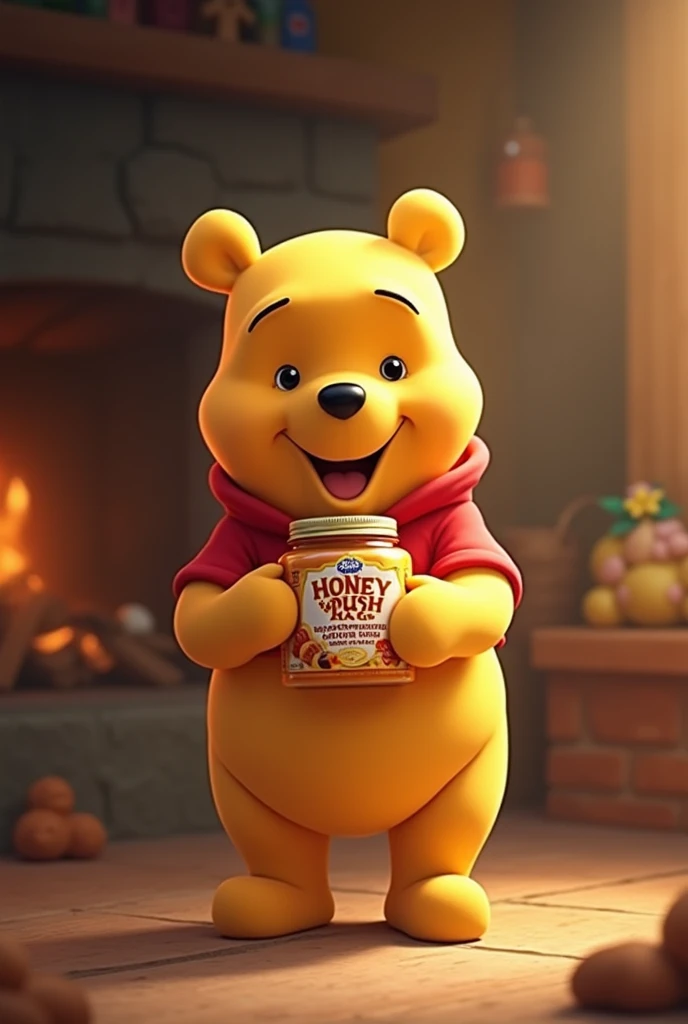  image of the character Winnie the Pooh where he holds a product from my store called honey and magic and in this image he shows how good gingerbread is 
