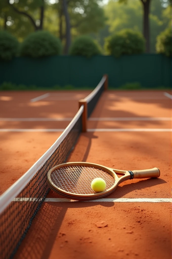 Create a clay tennis court with a racket resting on the net