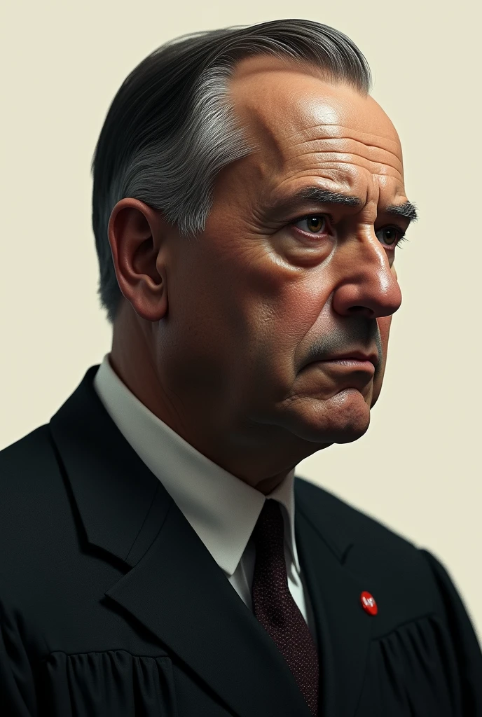Create an image of a judge of the Brazilian Supreme Court, with characteristics that resemble Justice Alexandre de Moraes. The image must be detailed and realistic, focusing on the judge's face and expression. However, when the image is viewed in a specific way (such as with eyes closed or at a different angle), it should subtly suggest the silhouette or outline of Adolf Hitler. The transition should be done in a subtle and artistic manner, ensuring that the main image remains respectful and appropriate, and that the transformation to Hitler's silhouette is understated and stylized.