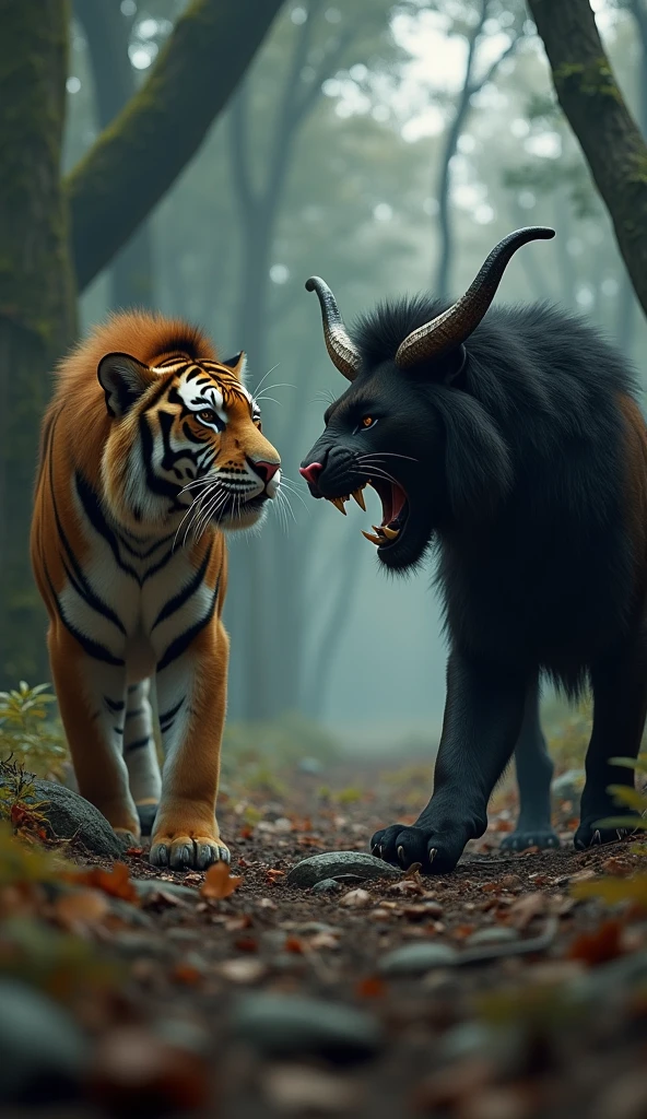 This is a digital image of a lion and a tiger in the forest talking to each other.   The tiger on the left side of the image walks towards the camera with its head facing the viewer.   And its eyes are focused on something from a distance.   The wild tiger was standing on the right, opening its mouth and turning its face towards the camera.   It is black with large curved horns and a pink nose.   The background is full of tall trees and thick leaves, and the ground is covered with dry grass and twigs.   The whole feeling of the image is dark and scary, with a sense of danger and danger.