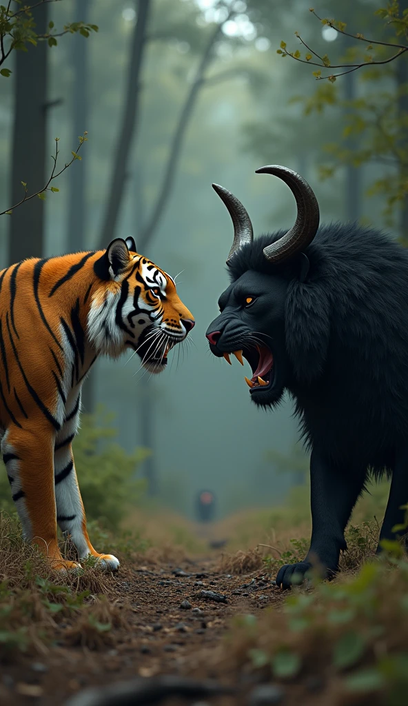 This is a digital image of a lion and a tiger in the forest talking to each other. The tiger on the left side of the image walks towards the camera with its head facing the viewer. And its eyes are focused on something from a distance. The wild tiger was standing on the right, opening its mouth and turning its face towards the camera. It is black with large curved horns and a pink nose. The background is full of tall trees and thick leaves, and the ground is covered with dry grass and twigs. The whole feeling of the image is dark and scary, with a sense of danger and danger.