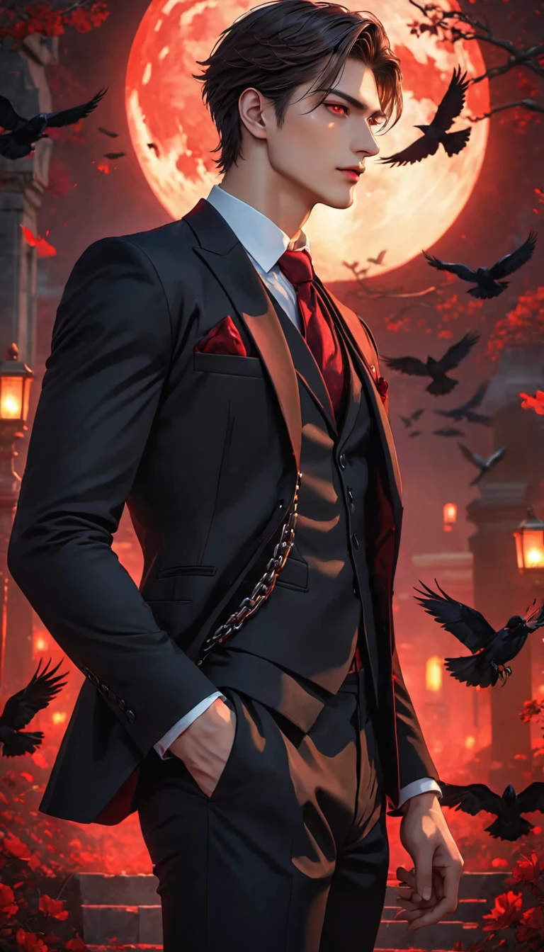Masterpiece, 8k, HDR, Wonderful, aesthetic, dark vibes, man about twenty years old, handsome, his ruby-red eyes glowed, sharp gaze, tall, standing cool, side angle, close-up, wearing vest and black suit, the chain attribute on his suit adds to the glamorous impression, broad chest, hand in trouser pocket pose, vampire vibes, grave background in the night with crows fly.