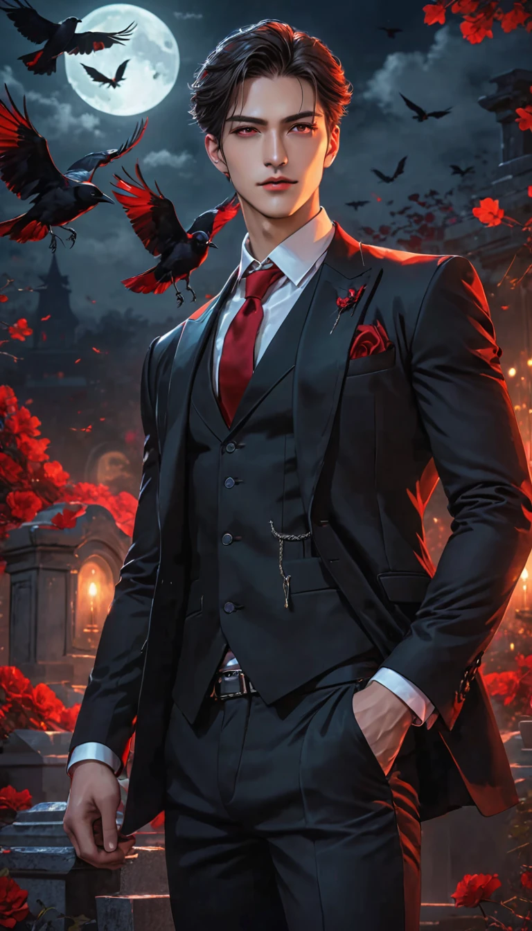 Masterpiece, 8k, HDR, Wonderful, aesthetic, dark vibes, man about twenty years old, handsome, his ruby-red eyes glowed, sharp gaze, tall, standing cool, side angle, close-up, wearing vest and black suit, the chain attribute on his suit adds to the glamorous impression, broad chest, hand in trouser pocket pose, vampire vibes, grave background in the night with crows fly.