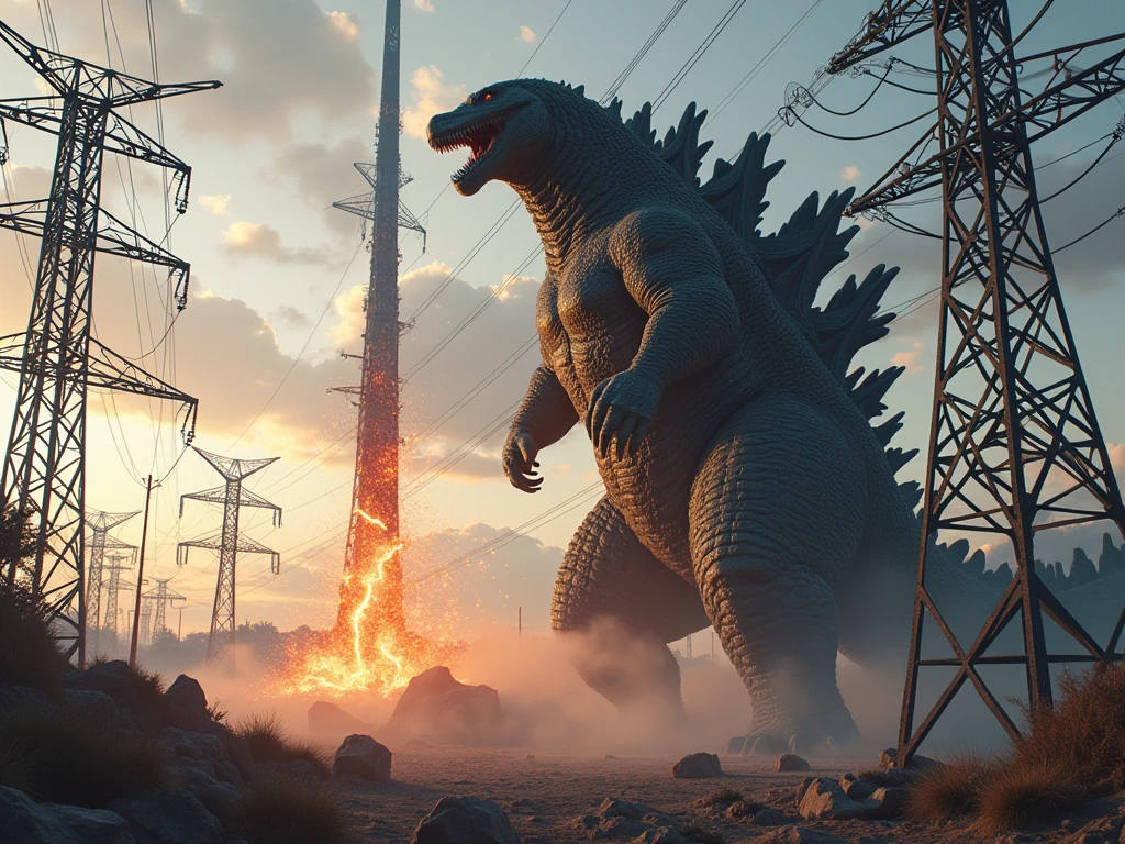 realistic photograph of giant Godzilla punching an electrical tower among an electrical distribution plant full of electrical towers, Godzilla destroying the towers with a punch, electrical lightning and electrical sparks fly off the destroyed towers.