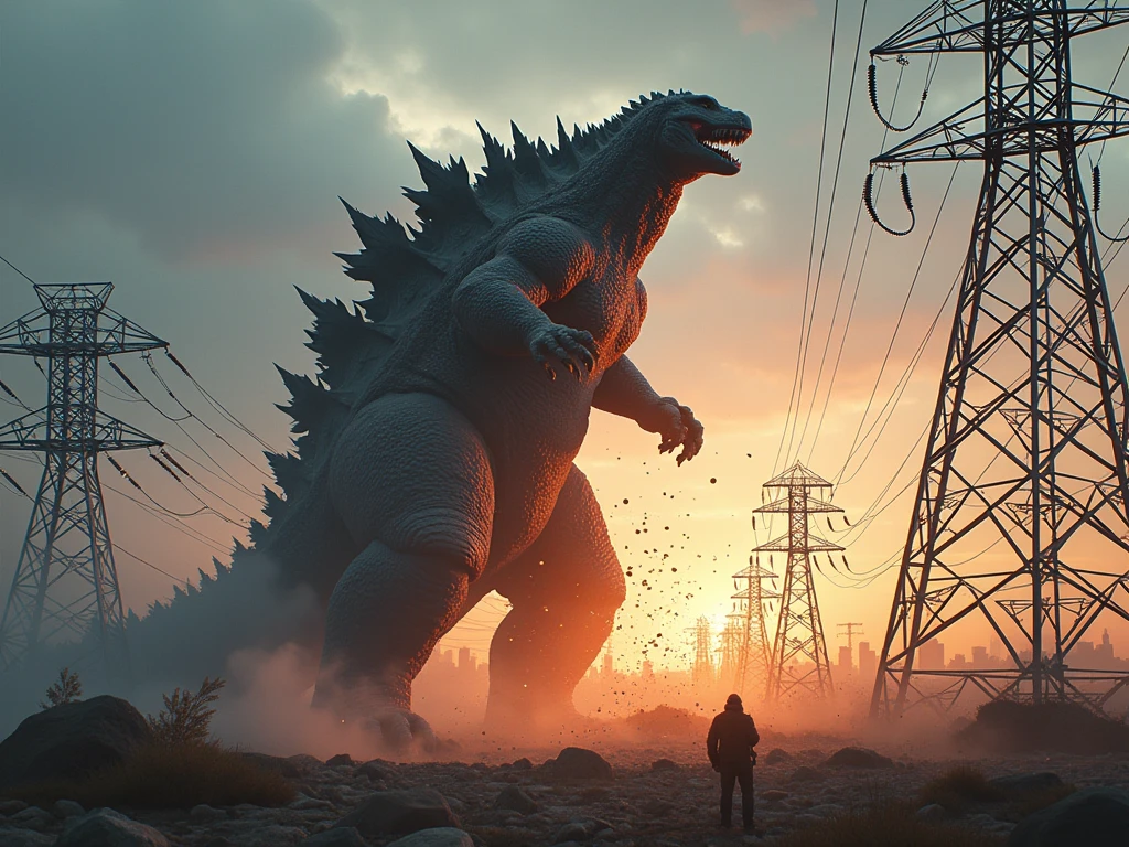 realistic photograph of giant Godzilla punching an electrical tower among an electrical distribution plant full of electrical towers, Godzilla destroying the towers with a punch, electrical lightning and electrical sparks fly off the destroyed towers.