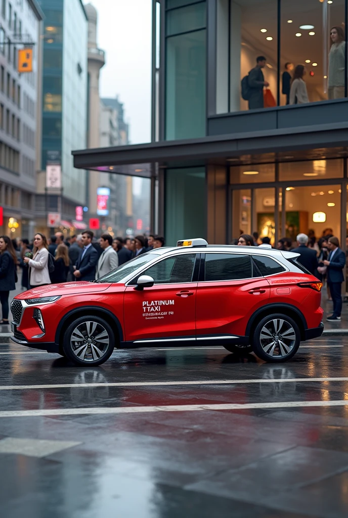 Modern red taxi with white roof on the doors says platinum taxi picking up people outside a shopping mall waiting in line for taxi