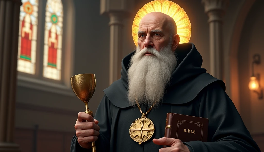 ultra realistic image of bald saint benedict with a long white beard, black hooded cape, calm and firm look, with his medal with the cross of Saint Benedict, a bronze chalice and a bronze staff with a snail's tip, in the pocket a bible, around his head a lighted halo, convey depth, in the background stained glass windows of a European church