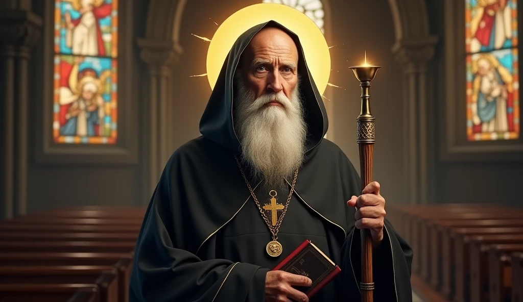 ultra realistic image of bald saint benedict with a long white beard, black hooded cape, calm and firm look, with his medal with the cross of Saint Benedict, a bronze chalice and a bronze staff with a snail&#39;s tip, in the pocket a bible, around his head a lighted halo, convey depth, in the background stained glass windows of a European church