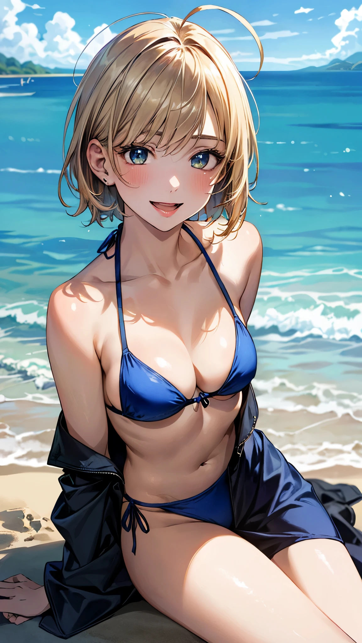 (masterpiece:1.3, top-quality, ultra high res, ultra detailed), (realistic, photorealistic:1.4), beautiful illustration, perfect lighting, natural lighting, colorful, depth of fields, surrealism,
beautiful detailed hair, beautiful detailed face, beautiful detailed eyes, beautiful clavicle, beautiful body, beautiful chest, beautiful thigh, beautiful legs, beautiful fingers, shiny skin, babyface,
looking at viewer, selfie, 1 girl, high school girl, (perfect anatomy, anatomically correct, super detailed skin), cute and symmetrical face, perfect face, perfect eyes,
(short hair, lob hair, blonde hair), asymmetrical bangs, ahoge, blue-green eyes, big eyes, drooping eyes, long eyelashes, (large breasts:1.5, seductive thighs), glamorous, outstanding style,
(detailed cloth texture, break marine blue bikini),
(beautiful scenery), evening, (tropical beaches), (sitting), (lovely smile, open mouth small),