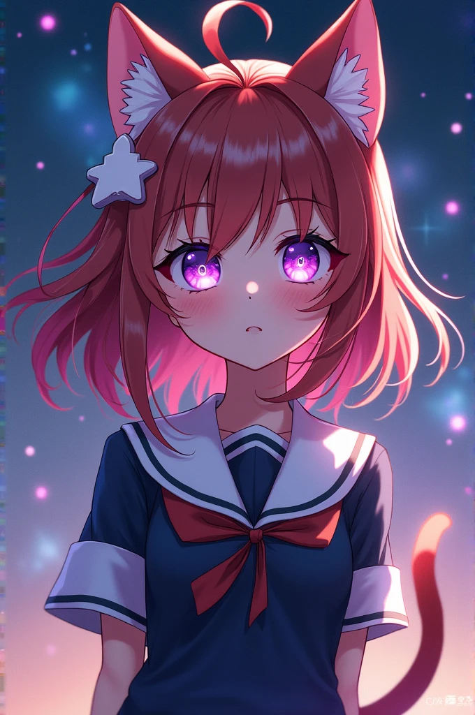 Anime girl with long reddish brown hair and tips like the galaxy and a white lock, purple eyes and a star in the middle with cat ears and a tail with the U uniform.A (mi hero academy)