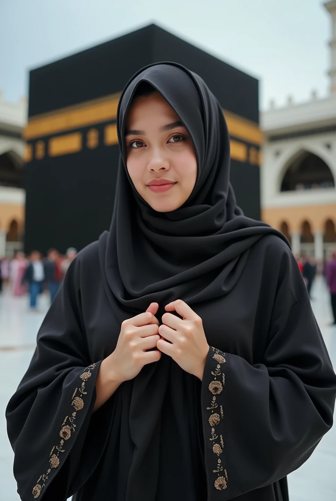 Islamic Indonesian woman wearing a hijab, showing her big breasts and showing her hairy pussy, behind her is the Kaaba, the camera is in front of her