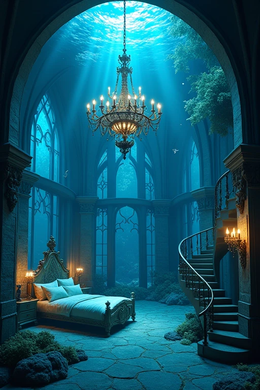 Underwater Gothic architecture Chandelier Black and blue atmosphere Fish Bubbles、House in the sea、The windows are big and fish are swimming outside、mirror、Decorative Picture Frame、bedroom、Canopy bed、Bookshelf、梯子付きの高いBookshelf、Spiral staircase leading to the second floor