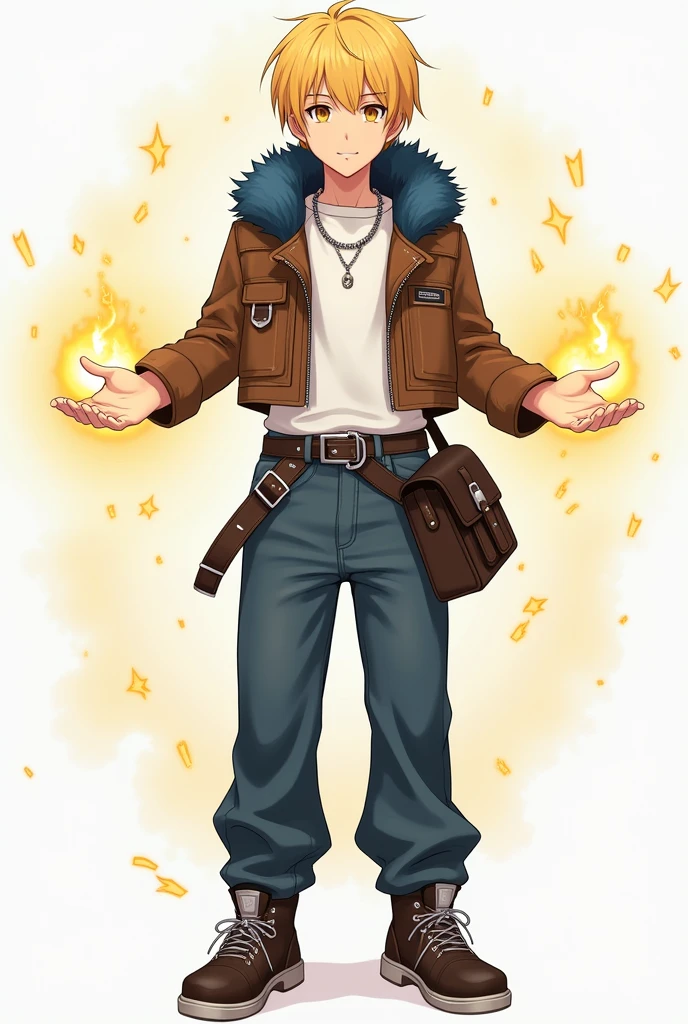 short hair, blond hair, Love, necessary, The best quality, eyes the color of honey, anime, adolescent, man, attractive, straight hair, smile, presumed, simple background, Brown cropped leather jacket with blue polar fur on the hood, black and silver belt, silver necklace, white t-shirt tucked into pants, leather satchel, baggy jeans, brown sneakers, yellow energy particles around his hands, anatomically correct, anime, Whole body,