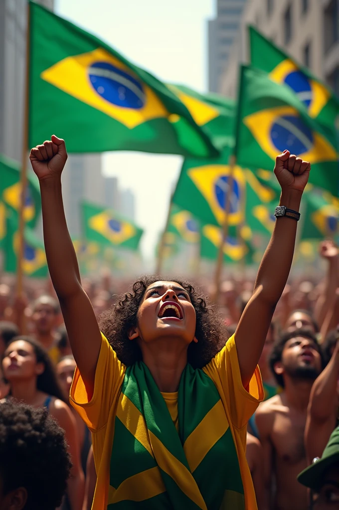 A GENERAL SHOUTING TO A CROWD OF BRAZILIANS RAISING GIGANTIC BRAZILIAN FLAGS AND SINGING 