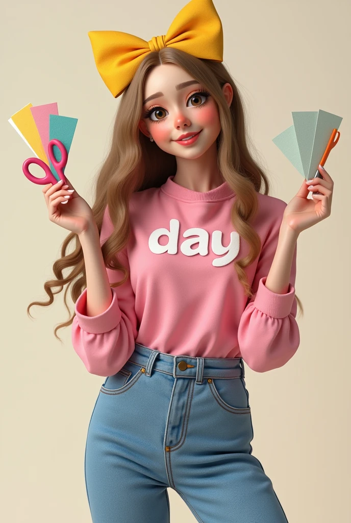 Doll woman with long light brown hair and yellow bow, skin fair, Grinning, brown eyes with a pink blouse with the word Day written on it and jeans holding colored papers in the right hand and small pink scissors in the left hand