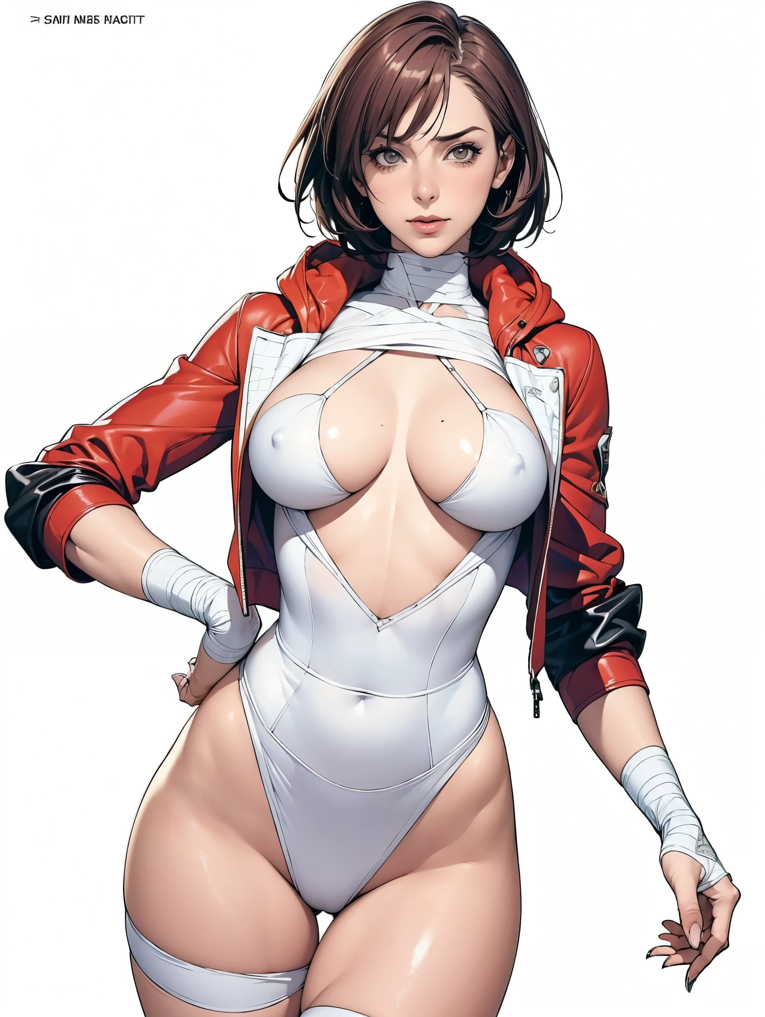 (((Annie Lennox))), (((colorful suit))), (scars), (((bandaged arms))), (((colorful clothes))) (( hood)), (((best quality: 1.4))), (Unbeatable masterpiece), (hyper HD),(CG 8k hyper-realistic), beautiful face, ((( big))), (((hyper feminine))), sexly girl, ((round face)), black tattoo,（ultra short red hair with white highlights)), ((( sculptural body ))), (((1 Kizi))), Kizi tatuada de 25 anos com perfect body, perfect hands, perfect fingers ,Beautiful and well-groomed face, (round face), muscular body:1.2,solid color detailed jacket, (Head to thigh photos)， Complex equipment, ，Tight clothes，With white stars and off-white stripes,,,,,Armor Metal Electronic Parts, Poison tattoos ) INFO, Kizi, (((standing alone))), , 24歳, , pose de attitude, work of art, dancing, ((slight smile)), post-apocalypse, (((manga style))), bounty hunter, the way you want, perfect body, roupa moderna, advanced technology, white, yellow accent, black, red accent, fur collar jacket, sleeves with vertical striped pattern, background city, (( cowboy shot )). intricate visual, narrow waist, (((wide ))), wide , fit thighs, (((thigh gap))), Thigh gap, background shows a futuristic airplane, open expression, expression happy