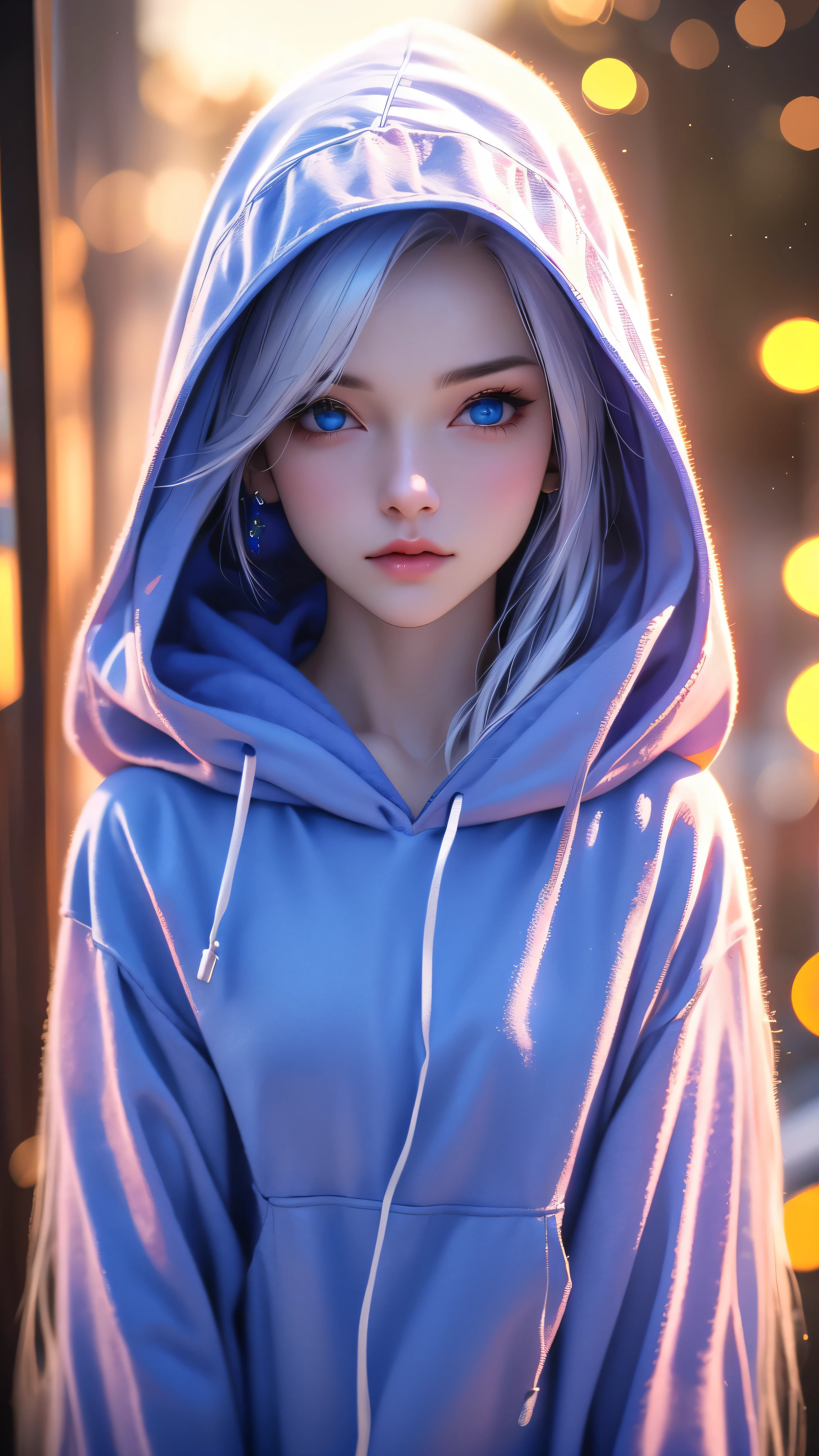 a girl with beautiful blue eyes, white hair, blue hoodie with hood down, single earring, looking directly at viewer, upper body, sunset background, (best quality,4k,8k,highres,masterpiece:1.2),ultra-detailed,(realistic,photorealistic,photo-realistic:1.37),HDR,UHD,studio lighting,ultra-fine painting,sharp focus,physically-based rendering,extreme detail description,professional,vivid colors,bokeh,portrait