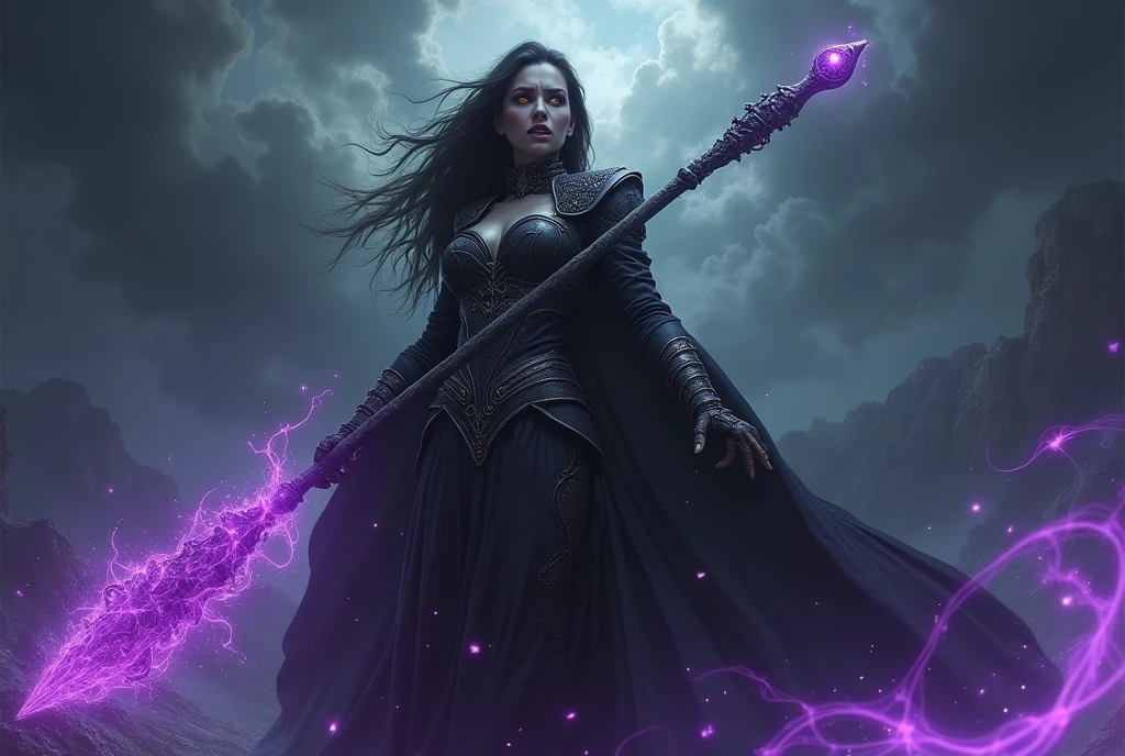 (photoralism:1.2), Very detailed, Ultra-high resolution, High Contrast, masterpiece, realistic, Scary stormy scene, pretty woman, golden eyes, frightening black dress with armor, witch, purple magic, intricate staff with purple magic, evil, commanding, wicked grin, streaks on eyes