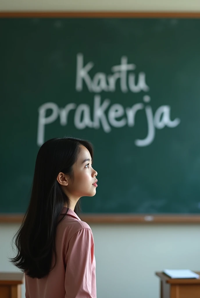A beautiful girl watching blackboard there are letter "KARTU PRAKERJA", high quality real pics