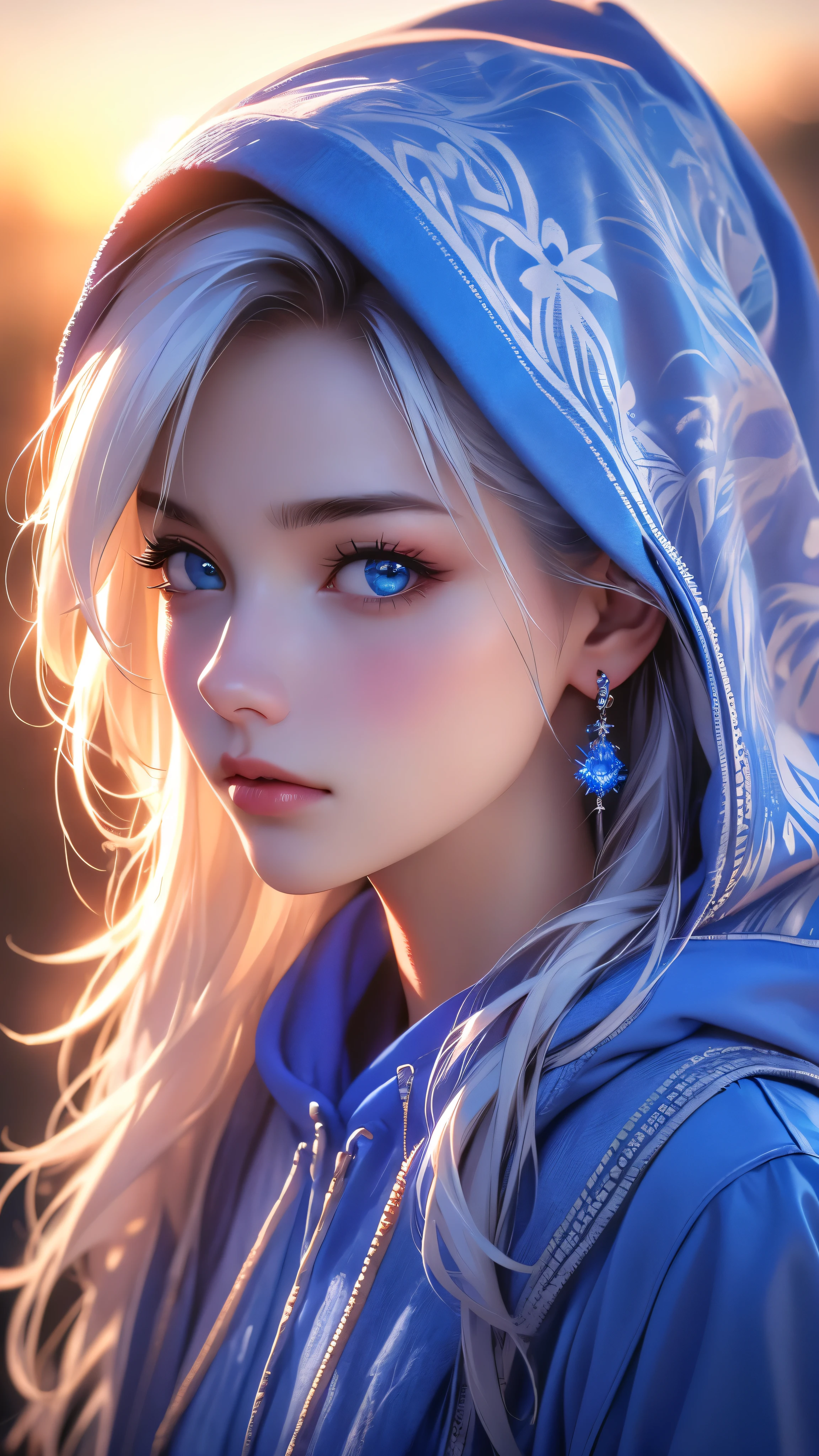 a girl with beautiful blue eyes, white hair, blue hoodie with hood down, single earring, looking directly at viewer, upper body, sunset background, (best quality,4k,8k,highres,masterpiece:1.2),ultra-detailed,(realistic,photorealistic,photo-realistic:1.37),HDR,UHD,studio lighting,ultra-fine painting,sharp focus,physically-based rendering,extreme detail description,professional,vivid colors,bokeh,portrait