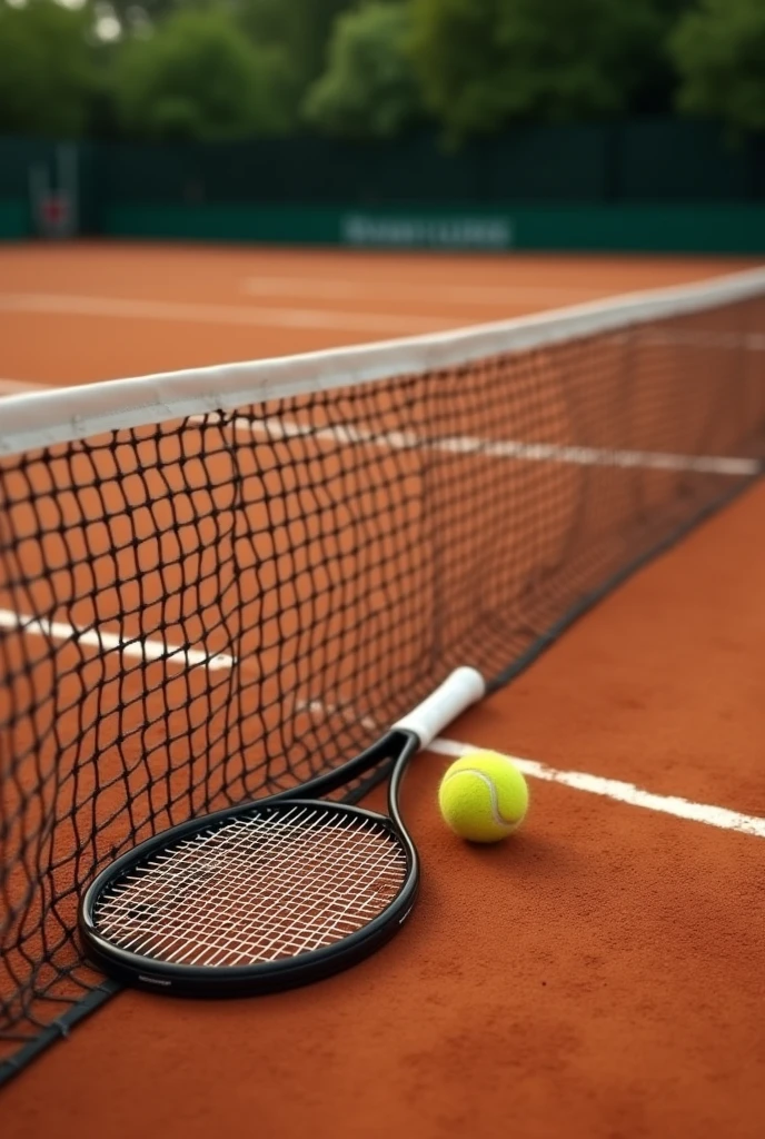 Create a professional clay tennis court with a racket resting on the net