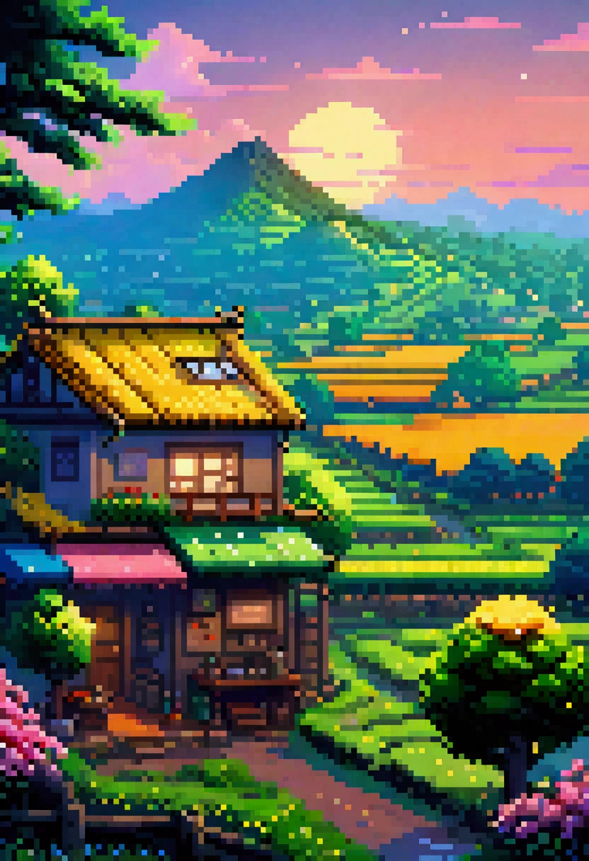 Pixel Art Landscape. evening. 3D pixel art. Amazing pixel art details. Pixel art. Detailed Unreal Engine pixel art, Japanese countryside、summer night.