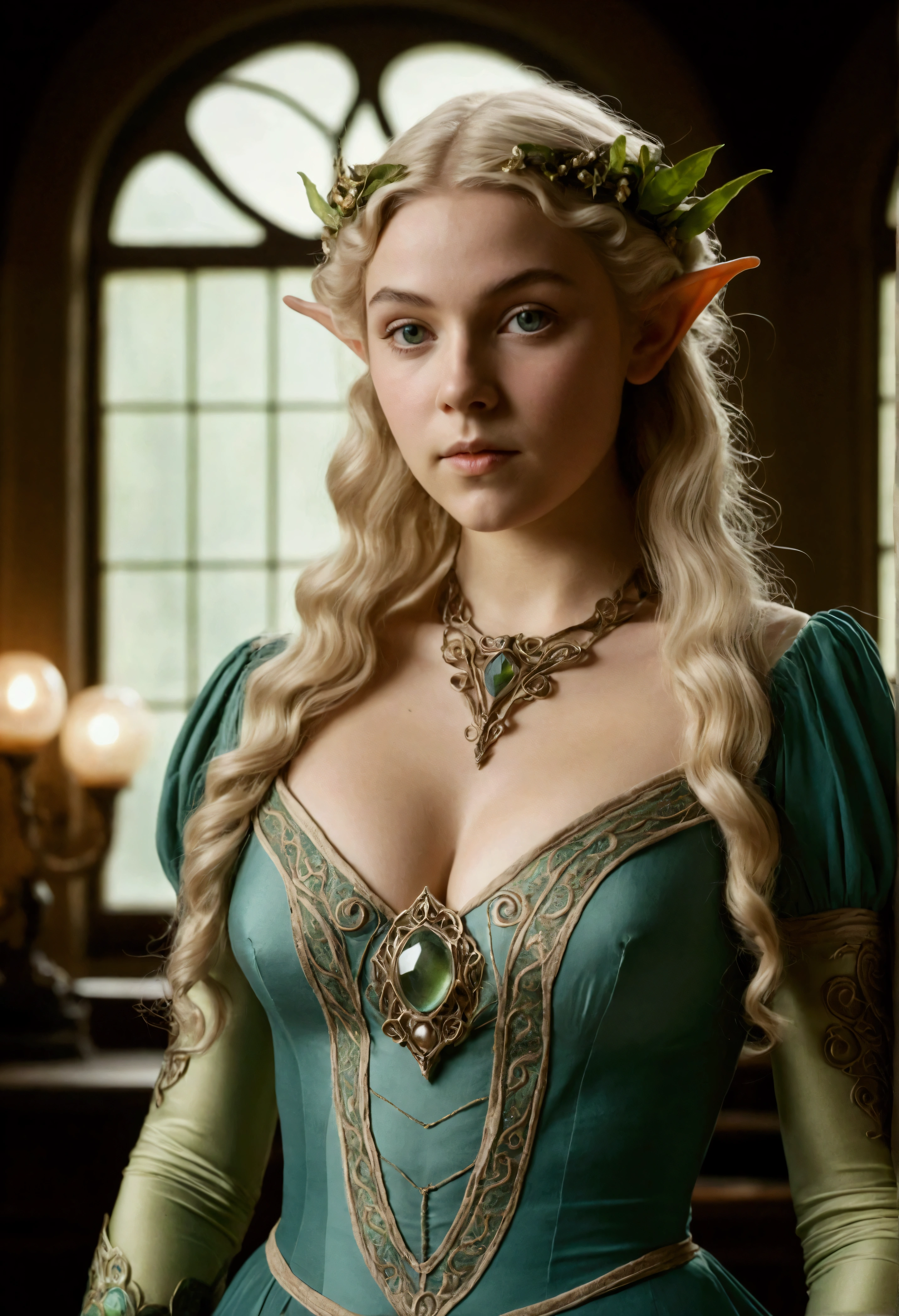 1910s analog film photograph, colorized photo of an elven maiden, 18-years-old, amazonian stature, thick-fit hourglass figure, busty breasts, toned, athletic, wearing a victorian traveling dress, warm almond complexion, pointy elf ears, platinum blonde hair, wild voluminous curls, resembles Margaery Tyrell, standing in a manor drawing room, RAW Photograph, dslr, soft lighting, high quality, film grain, Fujifilm XT3, detailed skin with visible pores, insane details, masterpiece, 8k, 35mm photograph, faded film, desaturated, grainy, vintage, Lomography, stained, highly detailed, found footage, long elven ears