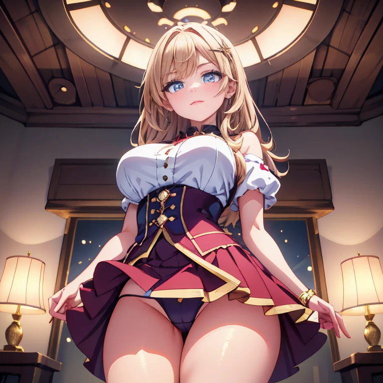 Anime Waifu beautiful detailed eyes, beautiful detailed lips, extremely detailed eyes and face, longeyelashes, 1girl, sensual, young woman, medium breasts, beautiful feminine face, nice thighs, slim, sexy, erotic, beautiful clothes, perfect body, cinematic lighting and framing, (best quality,4k,8k,highres,masterpiece:1.2),ultra-detailed,digital painting,portrait,glamorous,highly detailed,soft lighting,warm color tones Beauty、30 years old、mini skirt、panties、meaty、buttocks emphasis