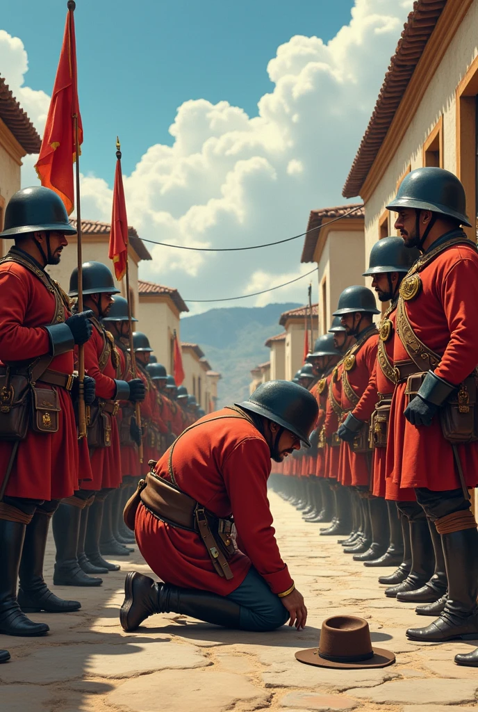 Spanish army defeating a man, The defeated man has no hat and is kneeling in a square, This happened in the 18th century in a town in Peru.