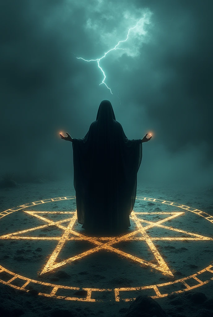 WITCH IN BLACK MAGIC RITUAL INSIDE HUGE PENTACLE AT NIGHT.