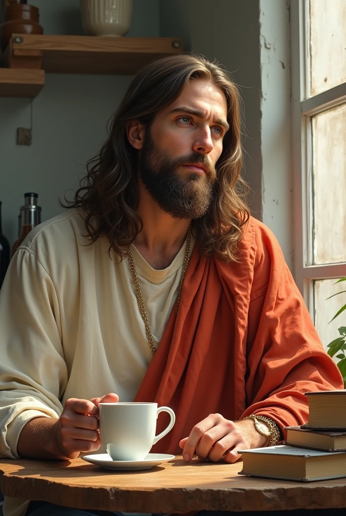 Jesus Christ sitting on a table drinking coffee