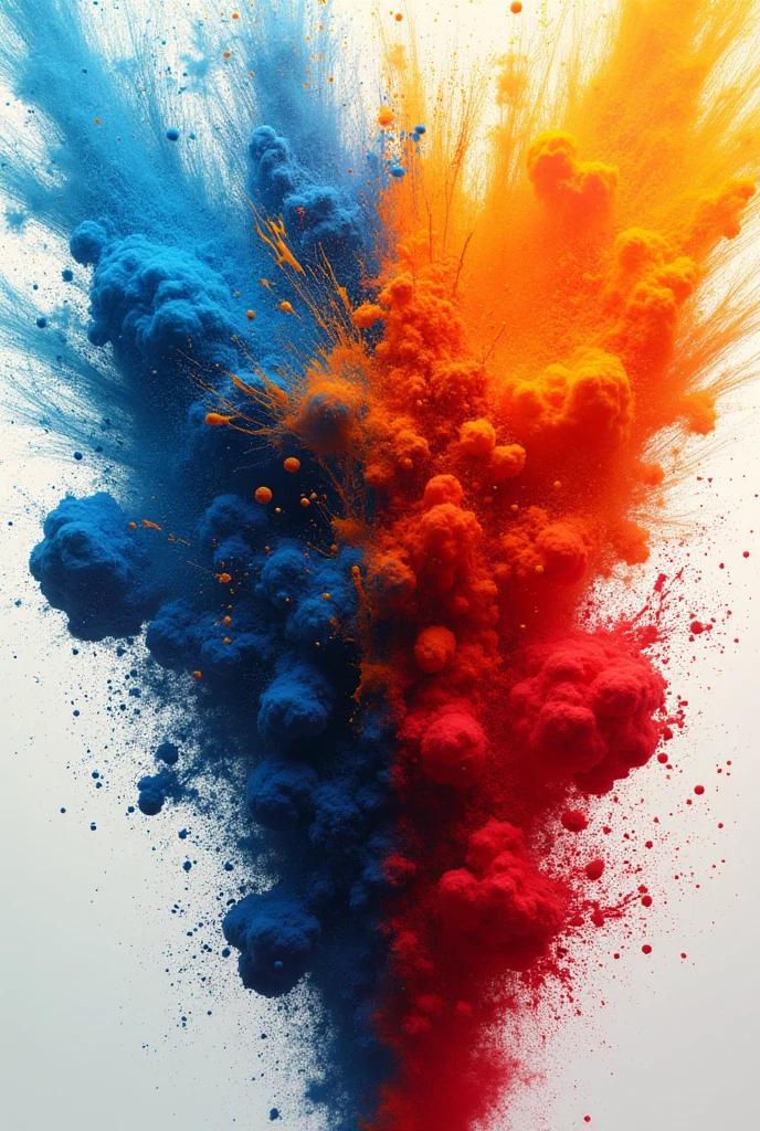 Make me half of the image with scattered and shiny blue and orange and the same of the other half but with blood red and soccer white