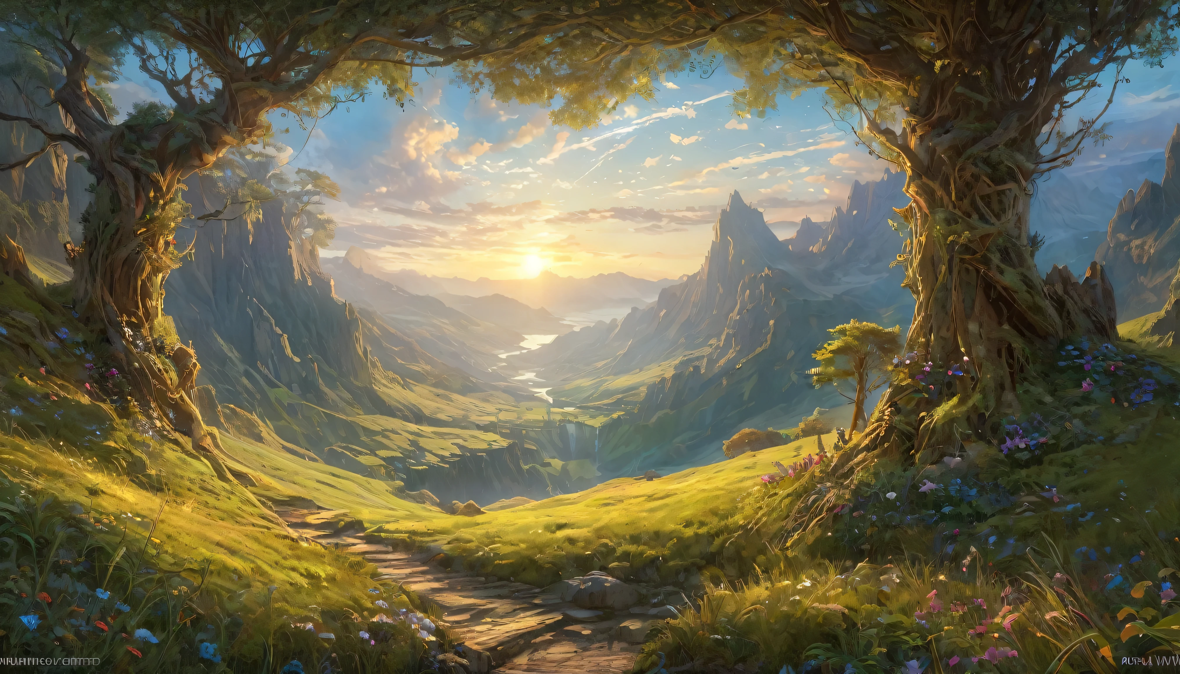(anime, fantasy, valley of hope), (detailed CG unity 8k wallpaper, masterpiece, best quality, highly detailed, HDR:1.2), a vast valley with majestic mountain in the horizon, heavenly atmosphere, medieval era, beautiful horizon. {4k texture} {detailed landscape}, vibrant color, intricate, ethereal lighting. From Brian Froud and Carne Griffiths and Wadim Kashin and John William Waterhouse