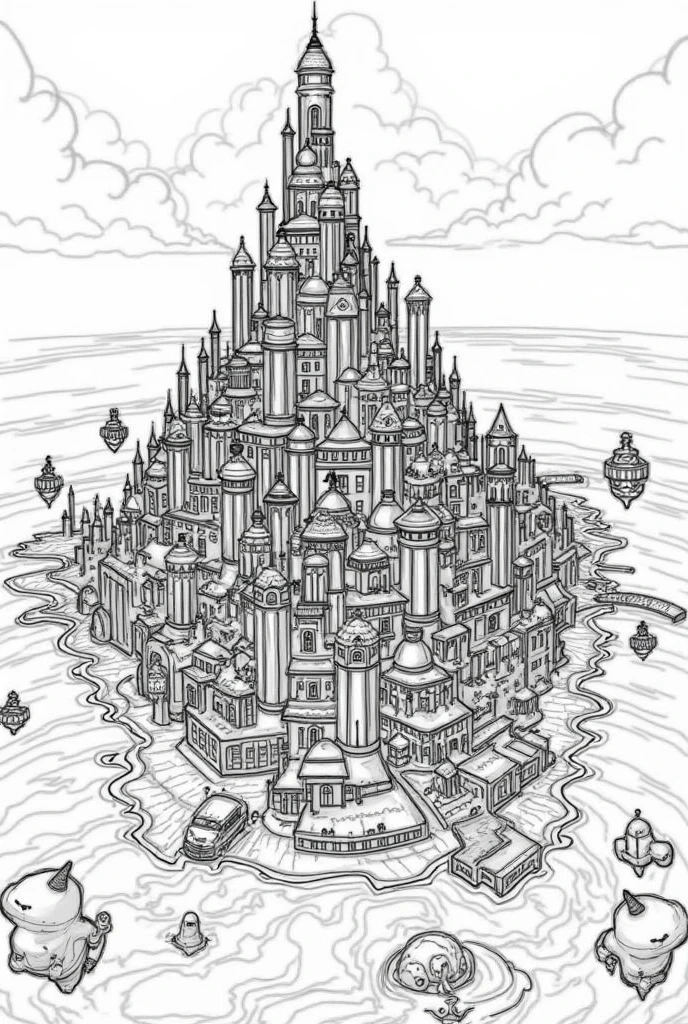 Create a sketch-style artwork of a three-tiered city with large buildings on top and a citadel floating above it in the middle of the ocean.