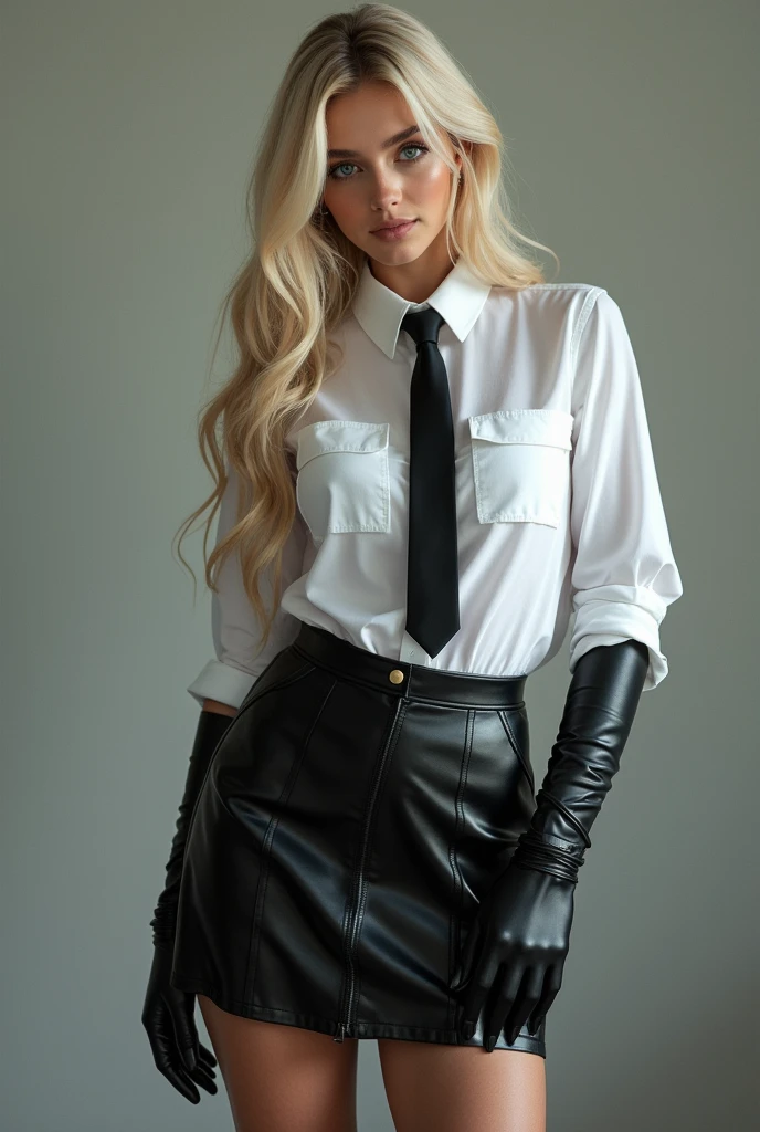 Gorgeous 1 blonde in school uniform with white shirt, black latex tie, black latex skirt, elbow length latex gloves, Knee high latex high heel boots tied and gagged with tape