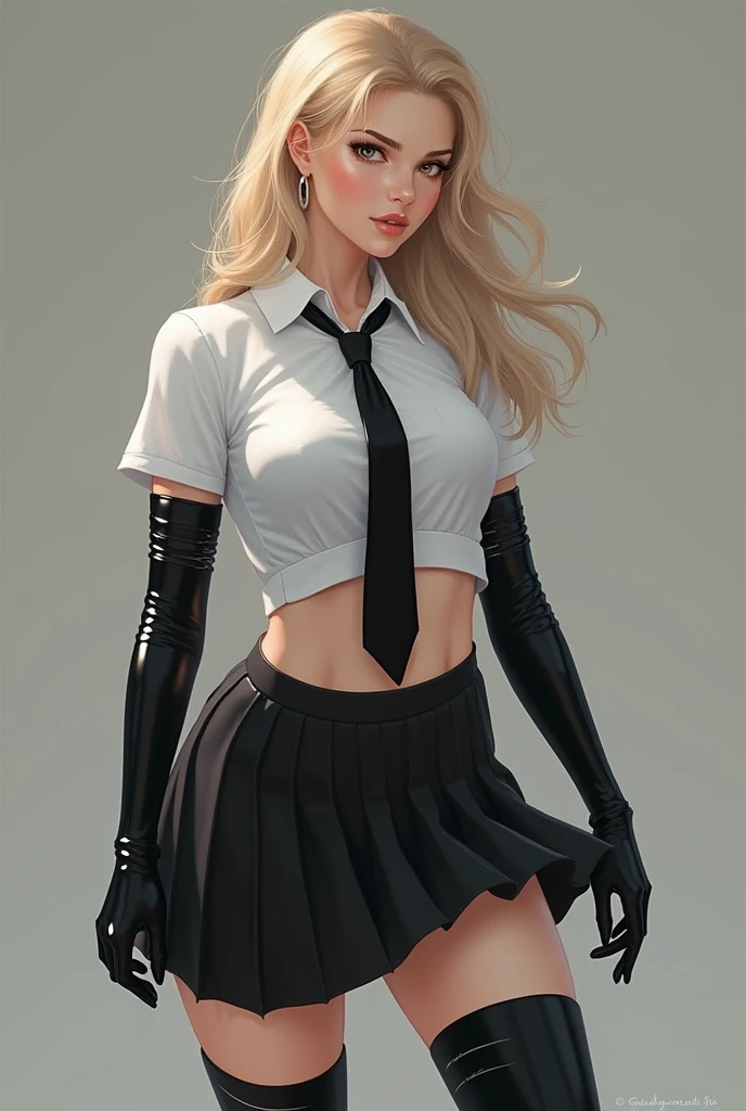 Gorgeous 1 blonde in school uniform with white shirt, black latex tie, black latex skirt, elbow length latex gloves, Knee high latex high heel boots tied and gagged with tape 