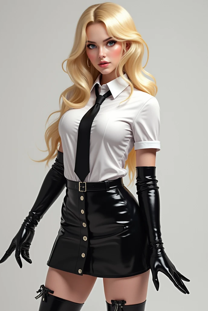 Gorgeous 1 blonde in school uniform with white shirt, black latex tie, black latex skirt, elbow length latex gloves, Knee high latex high heel boots tied and gagged with tape