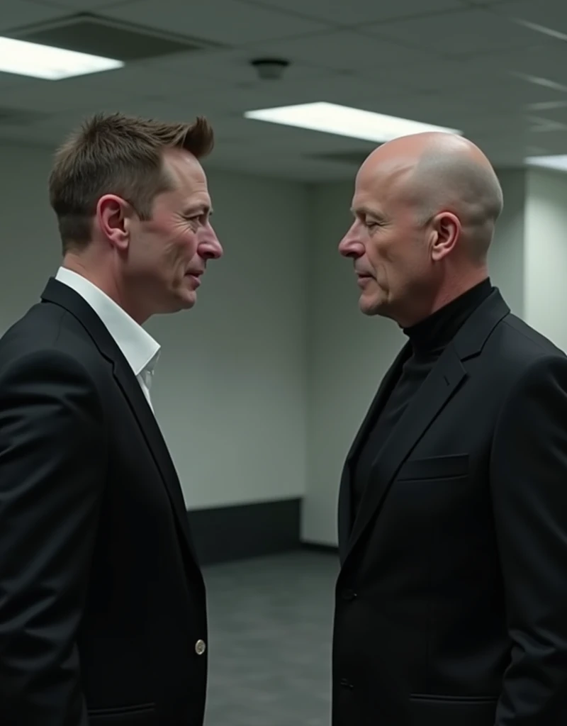 Elon Musk in white vs Minister bald in black