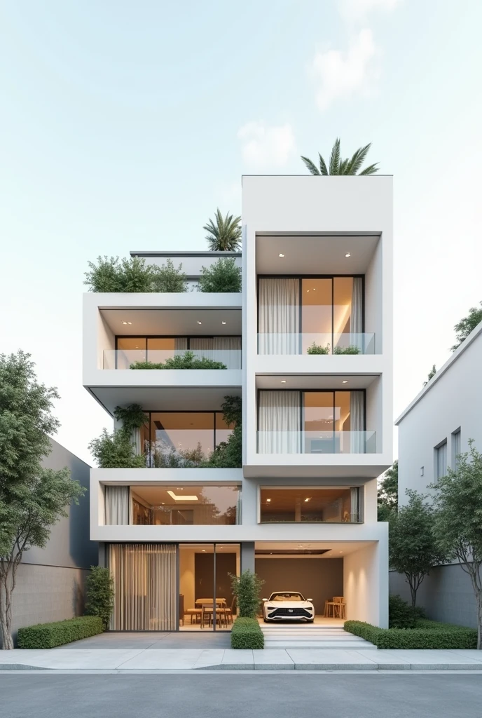 Volumetric architectural proposal for a building with no more than 3 levels, on a plot of land 7 meters wide by 50 meters long. It must be a building that can accommodate a maximum of 20 people.
