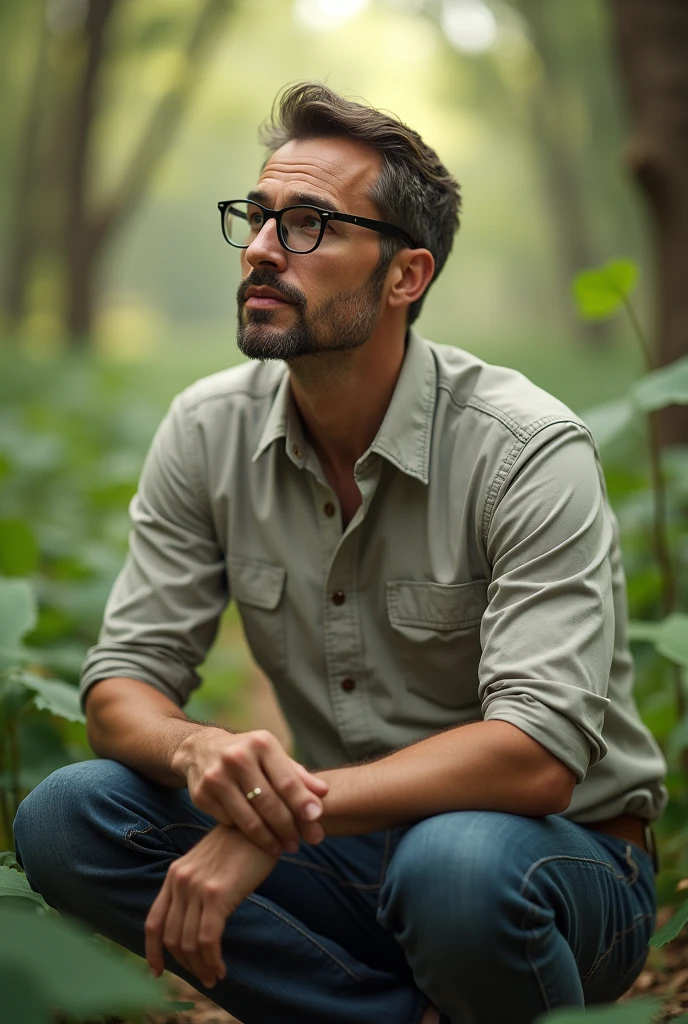 Create a man who has simple clothes and wears glasses