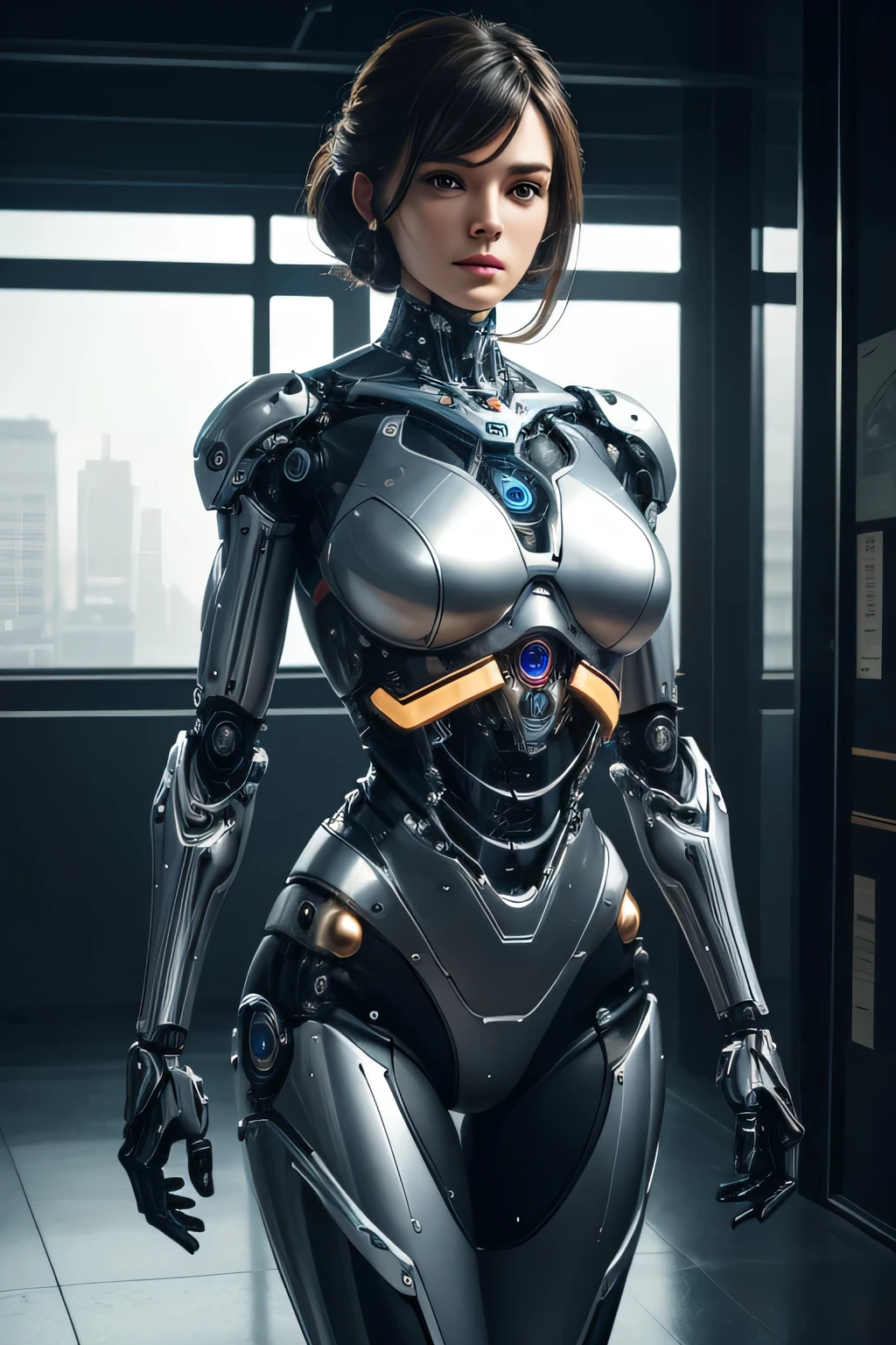 A woman who was transformed into a robot　Mechanical body　Mechanical limbs　Background is indoors, UHD, retina, masterpiece, accurate, anatomically correct, textured skin, super detail, high details, high quality, award winning, best quality, highres