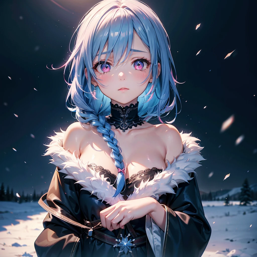 (Tying her sky blue hair into a single braid),(Pink Eyes),Fair skin,whole body,alone,Lonely face,tears,(Snowy Night),A lonely girl who got dumped just before Christmas,(masterpiece, Highest quality, Very detailed), Best Shadow,Detailed Background,Beautifully detailed face,High Contrast,Best lighting, Very delicate and beautiful,Cinematic Light,Hyper Detail,8k,Dramatic Light,Exquisite detail,