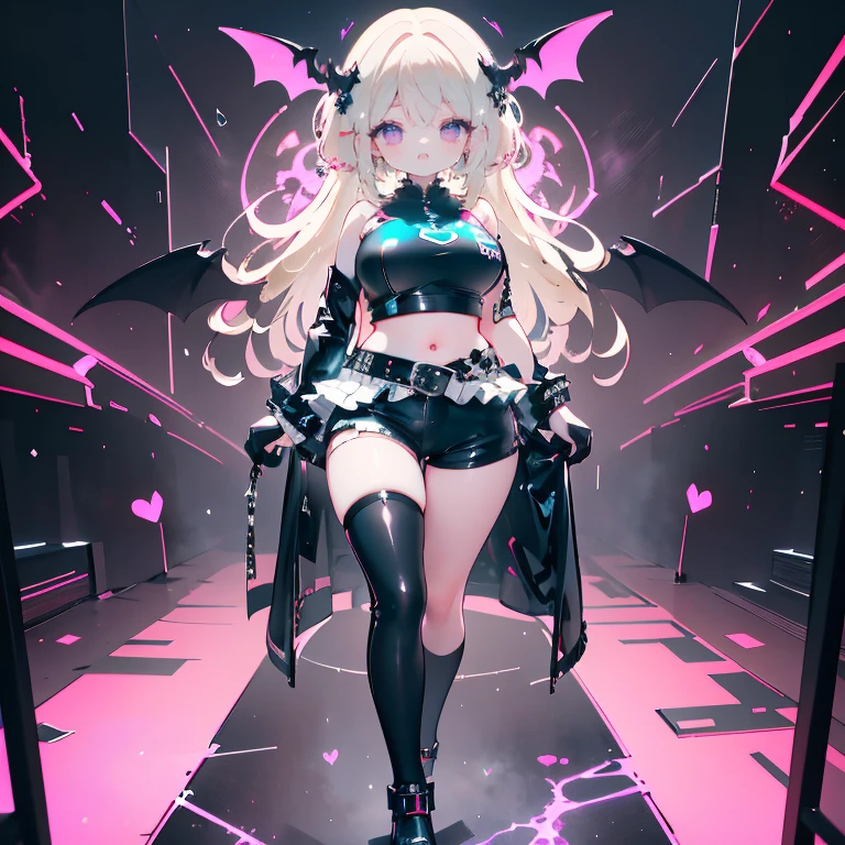 Anime Waifu beautiful detailed eyes, beautiful detailed lips, extremely detailed eyes and face, longeyelashes, 1girl, sensual, young woman, medium breasts, beautiful feminine face, nice thighs, slim, sexy, erotic, beautiful clothes, perfect body, cinematic lighting and framing, (best quality,4k,8k,highres,masterpiece:1.2),ultra-detailed,digital painting,portrait,glamorous,highly detailed,soft lighting,warm color tones aachizuru, long hair,((Highest quality,,T-And Star Piece:1.3)),Sharp focus:1.2,Pretty woman with perfect figure:1.4,,(Incredibly huge breasts:1.4),(Huge hips),smile,Thin abdominal muscles:1.2,((Beige Hair,.4)),,Highly detailed face and skin texture,Fine grain,double eyelid、(Black Theme:1.3), (Gothic Punk:1.3), (studded leather jacket:1.1), (Latex leotard, Leotard Fusion Gothic Skirt, Frills, race:1.2), race-up boots, gloves, chain neckrace, choker, Chain Accessories, zettai ryouiki
、【prompt】
break (black and shocking pink theme:1.4), (Sexy succubus cosplay costume with genital tattoos:1.2), (sleeveless black latex high neck crop top with Heart-shaped cut keyhole:1.4), ((Bare shoulders, Bare arms, Bare thighs):1.3), (Black latex low rise micro shorts:1.3), (shocking pink grommet belt:1.3), (Tight latex black long sleeves:1.3), ((A combination of black high platform shoes and thigh-high boots) with heels:1.2), (shocking pink devil horns has bioluminescence glow LED-light on temporal region:1.3), (Large bat wings for cosplay:1.4), (Black wings:1), (shocking pink (Heart-shaped, Heart symbol) Bioluminescent LED light on belly:1.4), (Black prisoner's bracelet:1.2),