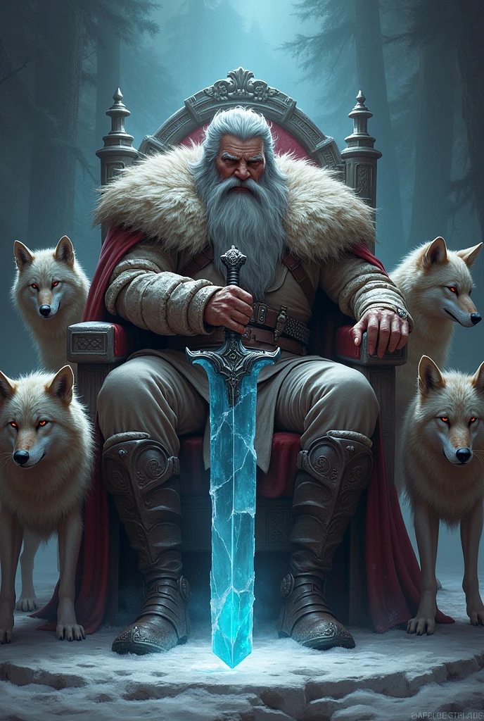 barbarian king, middle-aged, sitting on his throne, adorned with animal skins and rubies. The king has gray hair and a beard. with his right hand he holds a crystal blue ice sword. The king is accompanied by three wolves. The first wolf having black fur and red eyes. The second one is all brown and black with yellow eyes..  The third one is gray and brown and has yellow eyes.