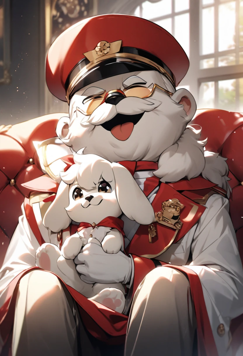 The colonel and his dog are smiling。