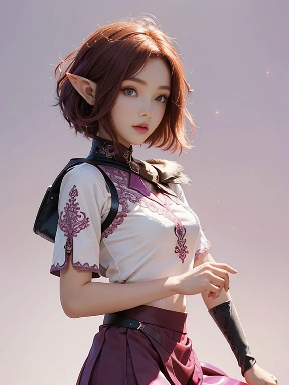 Beautiful elf woman, 3, Short Red Hair, Sparkling brown eyes, in , in a purple and pink blaser, skirt, White background, Intricate details,