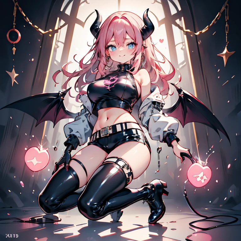 Anime Waifu beautiful detailed eyes, beautiful detailed lips, extremely detailed eyes and face, longeyelashes, 1girl, sensual, young woman, medium breasts, beautiful feminine face, nice thighs, slim, sexy, erotic, beautiful clothes, perfect body, cinematic lighting and framing, (best quality,4k,8k,highres,masterpiece:1.2),ultra-detailed,digital painting,portrait,glamorous,highly detailed,soft lighting,warm color tones aachizuru, long hair,((Highest quality,,T-And Star Piece:1.3)),Sharp focus:1.2,Pretty woman with perfect figure:1.4,,(Incredibly huge breasts:1.4),(Huge hips),smile,Thin abdominal muscles:1.2,((Beige Hair,.4)),,Highly detailed face and skin texture,Fine grain,double eyelid、(Black Theme:1.3), (Gothic Punk:1.3), (studded leather jacket:1.1), (Latex leotard, Leotard Fusion Gothic Skirt, Frills, race:1.2), race-up boots, gloves, chain neckrace, choker, Chain Accessories, zettai ryouiki
、【prompt】
break (black and shocking pink theme:1.4), (Sexy succubus cosplay costume with genital tattoos:1.2), (sleeveless black latex high neck crop top with Heart-shaped cut keyhole:1.4), ((Bare shoulders, Bare arms, Bare thighs):1.3), (Black latex low rise micro shorts:1.3), (shocking pink grommet belt:1.3), (Tight latex black long sleeves:1.3), ((A combination of black high platform shoes and thigh-high boots) with heels:1.2), (shocking pink devil horns has bioluminescence glow LED-light on temporal region:1.3), (Large bat wings for cosplay:1.4), (Black wings:1), (shocking pink (Heart-shaped, Heart symbol) Bioluminescent LED light on belly:1.4), (Black prisoner's bracelet:1.2),