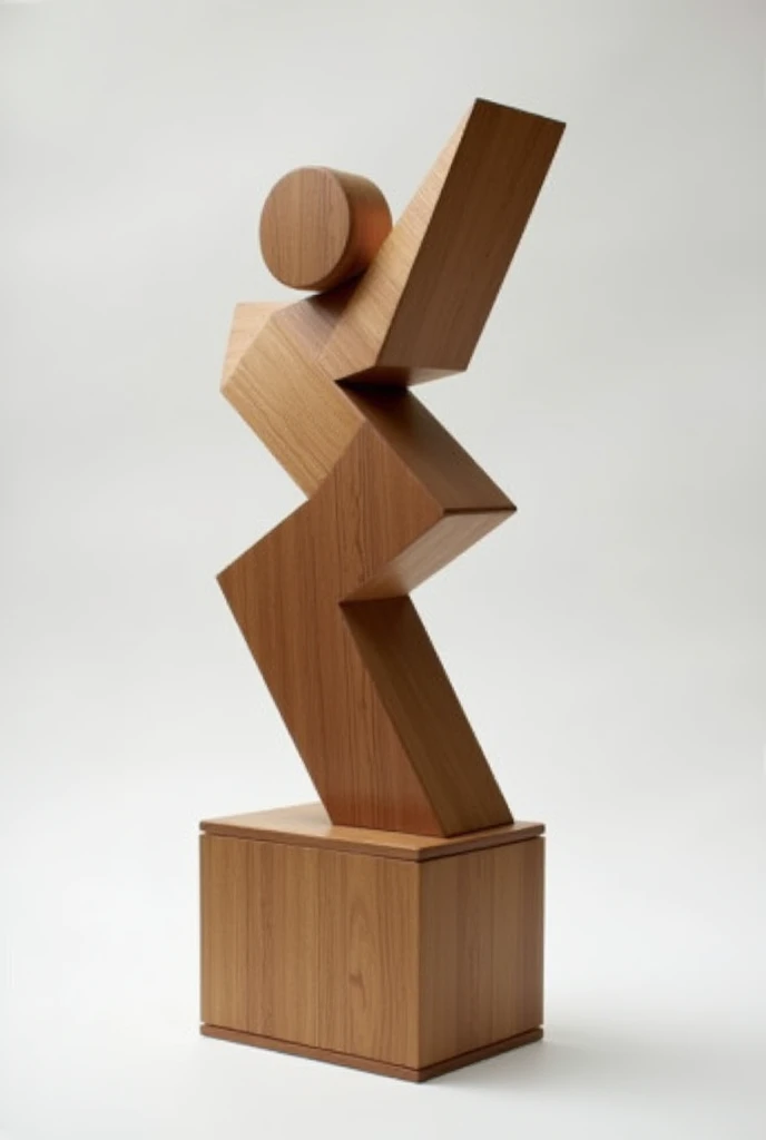 Create an image of a sculpture that represents the concept STRONG in a very abstract way; This sculpture should be very very easy to make in soft wood and with traditional carpentry tools., that does not represent human figures, Give me easier options that are only made up of straight lines and that the sculpture is robust