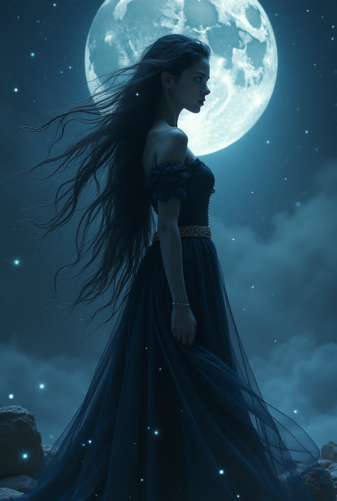 A witch with powers coming from the moon, with black skin, very beautiful, young and mystical